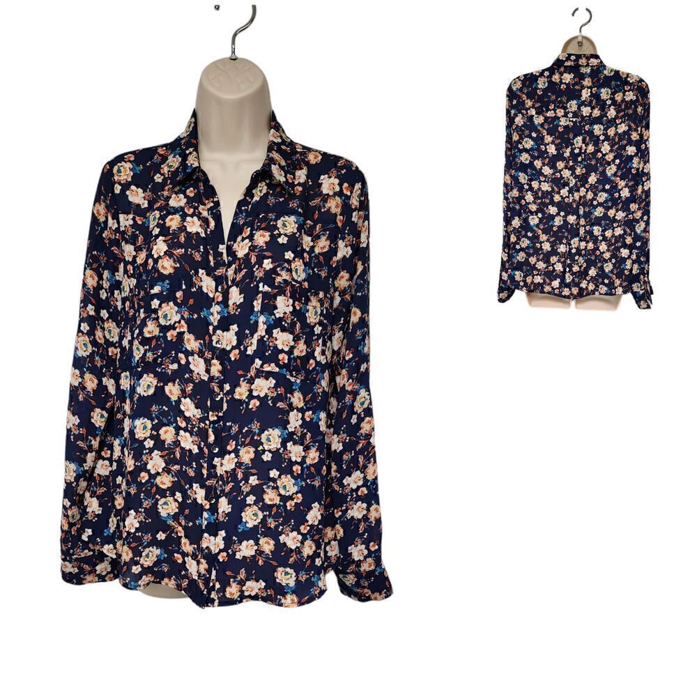 Lily White Long Sleeve Multicolor Blue/Orange Floral Top Blouse Size Large